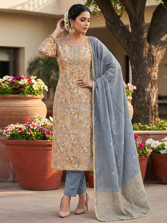 Beige Banarasi Cotton Digital Print Kurta Set