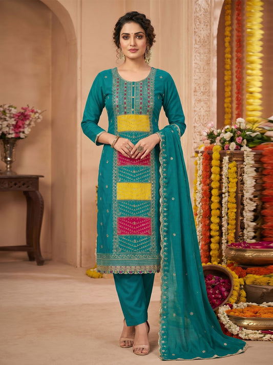 Turquoise Cotton Silk Embroidered Kurta Set