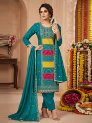 Turquoise Cotton Silk Embroidered Kurta Set