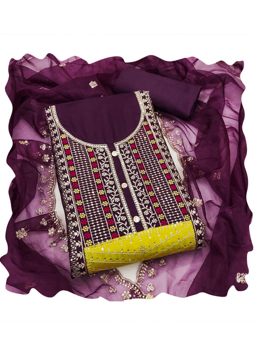 Purple Cotton Silk Embroidered Kurta Set