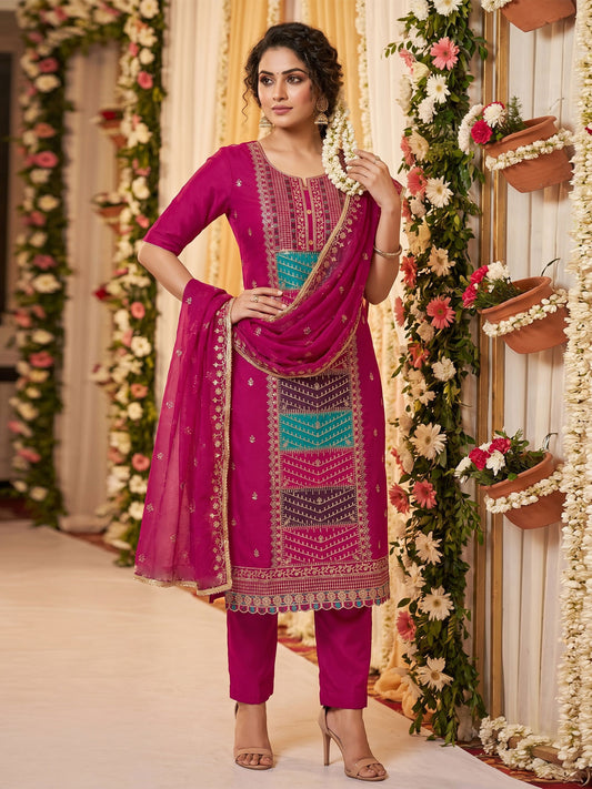 Magenta Cotton Silk Embroidered Kurta Set