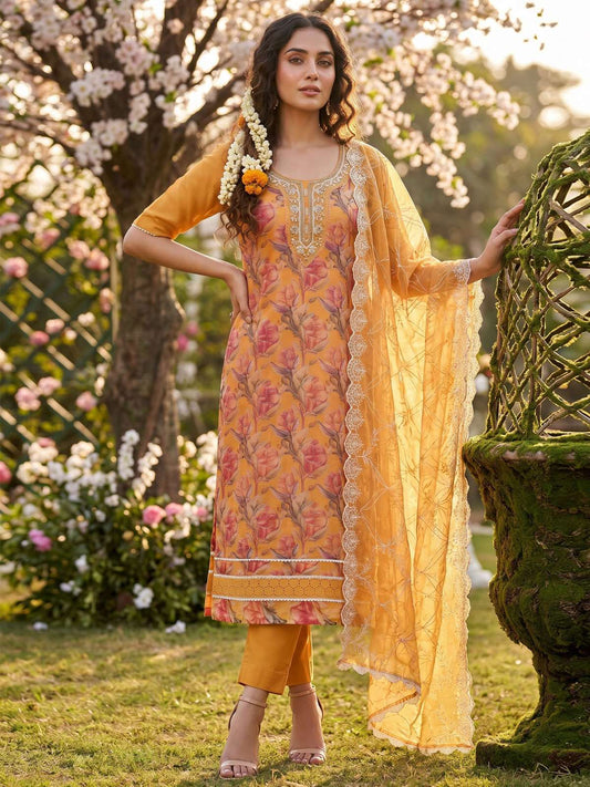 Orange Organza Material Festive Pant Style Dress