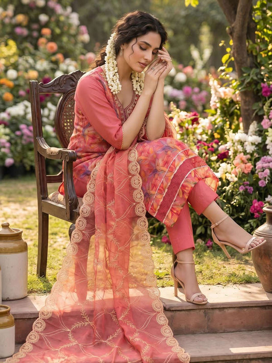 Pink Organza Material Festive Pant Style Dress