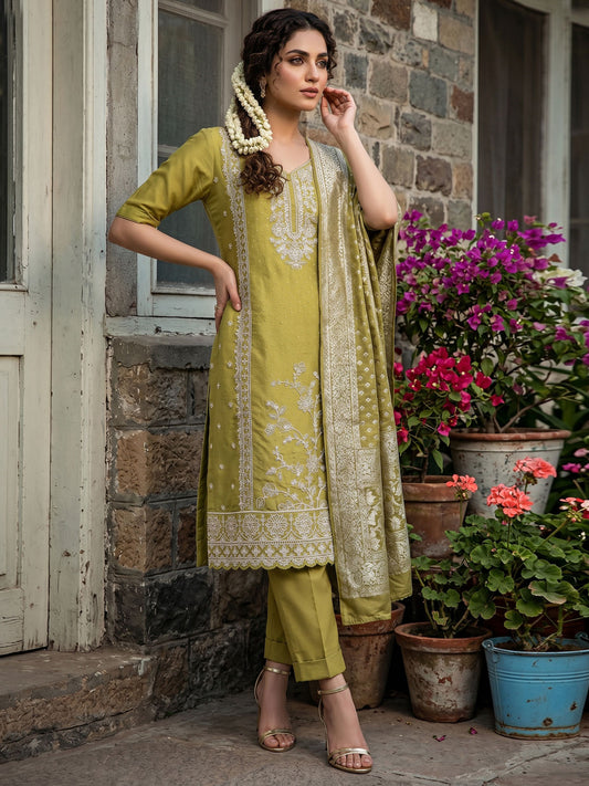 Green Cotton Embroidered Hand Work Kurta Set