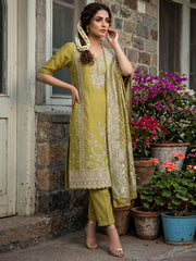 Green Cotton Embroidered Hand Work Kurta Set