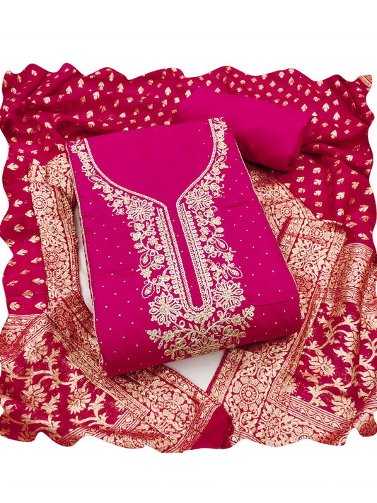 Magenta Pink Cotton Embroidered Hand Work Kurta Set