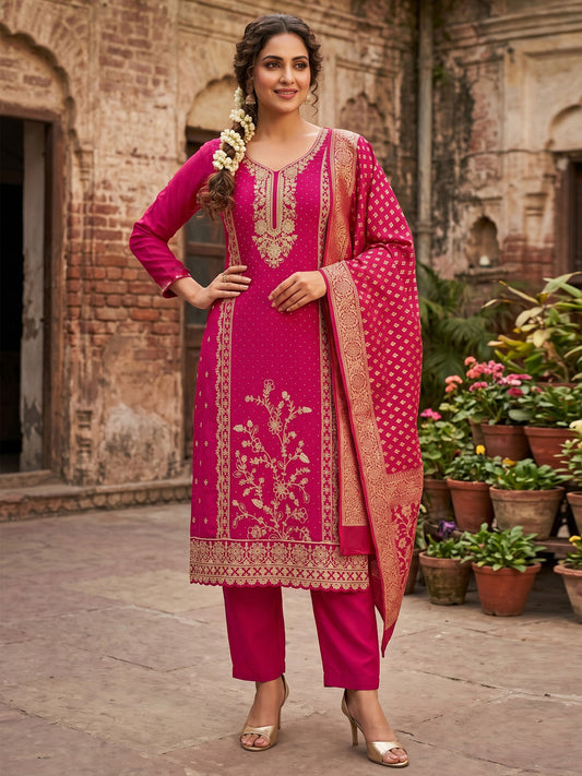 Magenta Pink Cotton Embroidered Hand Work Kurta Set