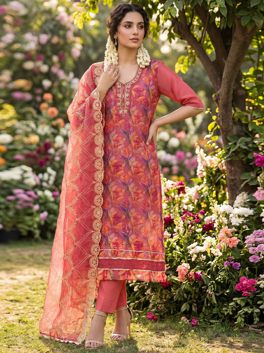Pink Organza Material Festive Pant Style Dress