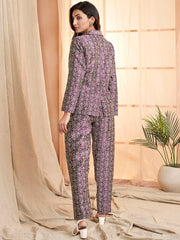 Mauve Floral Printed Lapel Collar Formal Tailored Jacket