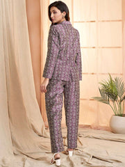 Mauve Floral Printed Lapel Collar Formal Tailored Jacket
