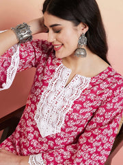 Pink & White Floral Printed Thread Work Straight Kurta