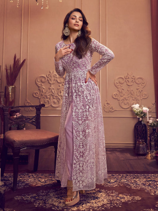 Floral Embroidered Keyhole Neck Long Sleeve High Slit Thread Work Kurta Set