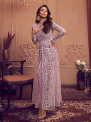 Floral Embroidered Keyhole Neck Long Sleeve High Slit Thread Work Kurta Set