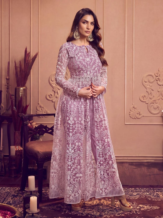 Floral Embroidered Keyhole Neck Long Sleeve High Slit Thread Work Kurta Set