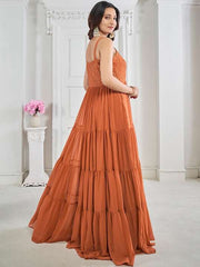 Rust Floral Embroidered Sequined & Tiered Maxi Ethnic Dress