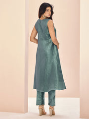 Magnetic Aqua Blue Embroidered Organza Event Wear Pant Suit