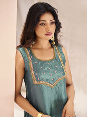 Magnetic Aqua Blue Embroidered Organza Event Wear Pant Suit