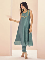 Magnetic Aqua Blue Embroidered Organza Event Wear Pant Suit