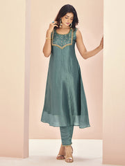 Magnetic Aqua Blue Embroidered Organza Event Wear Pant Suit