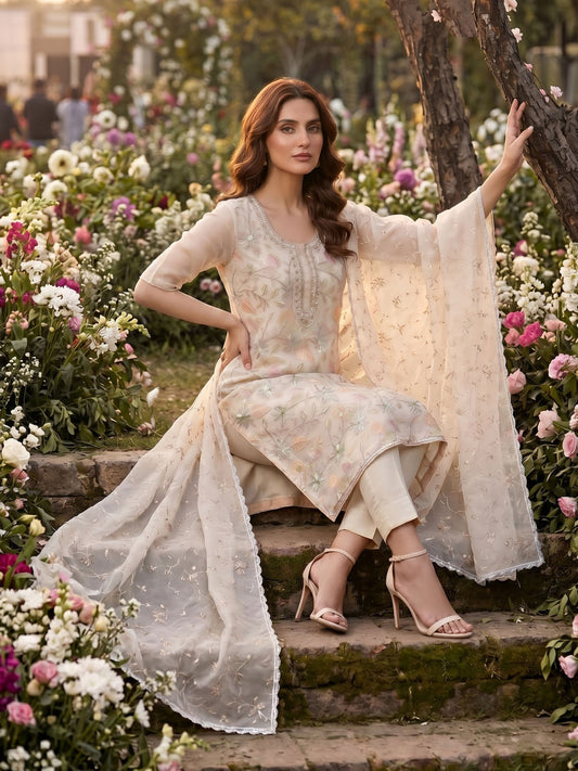 Cream Organza Handwork Festive Pant Style Dress