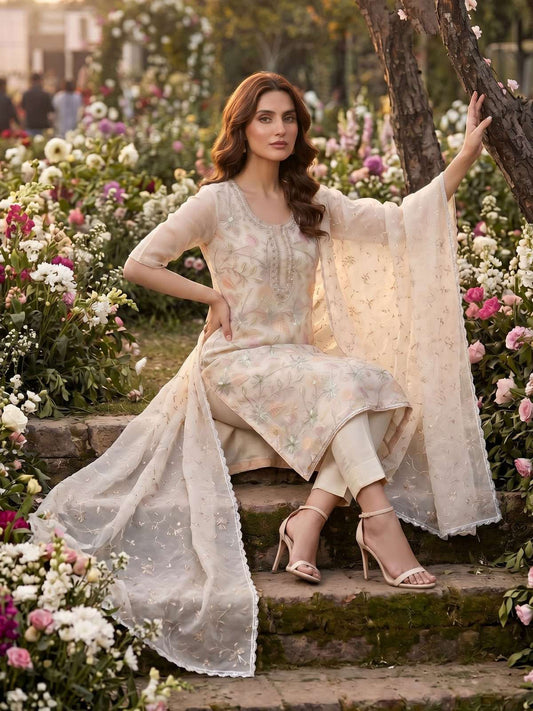 Cream Organza Handwork Festive Pant Style Dress