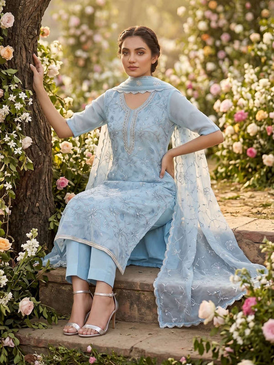 Blue Organza Handwork Festive Pant Style Dress