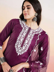 Maroon Floral Embroidered Straight Thread Work Kurta With Trousers & Dupatta