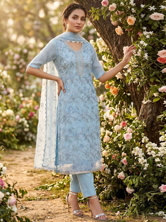 Blue Organza Handwork Festive Pant Style Dress