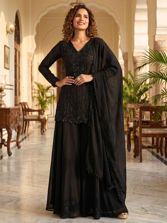Black Premium Chinnon with Beads Wedding Sharara Suit