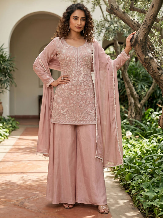 Peach Premium Chinon Hand Work Palazzo Suit