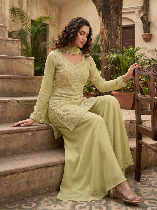 Green Premium Chinon Hand Work Palazzo Suit