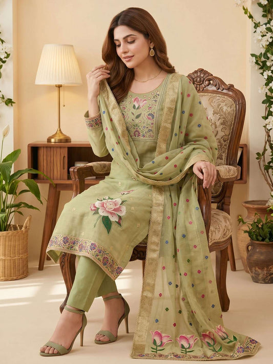Green Pure Banarasi Cottan Hand Work Kurta Set