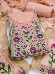 Peach Pure Banarasi Cottan Hand Work Kurta Set