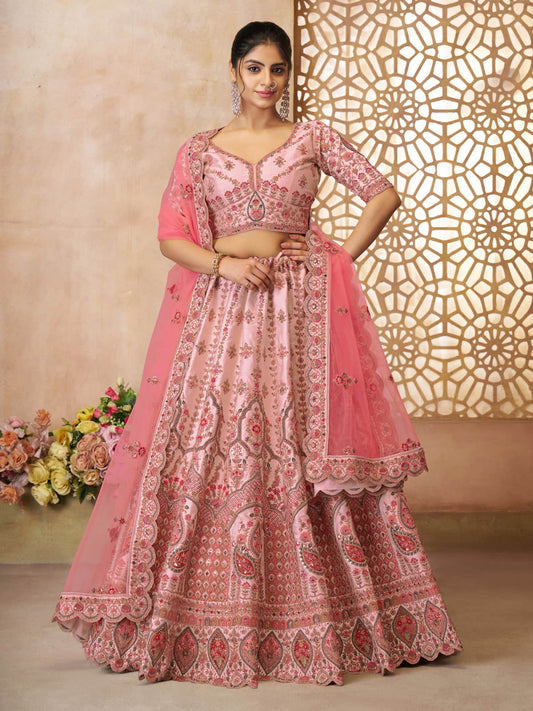 Adorable Pink silk Embroidery Wedding Wear Lehenga Choli