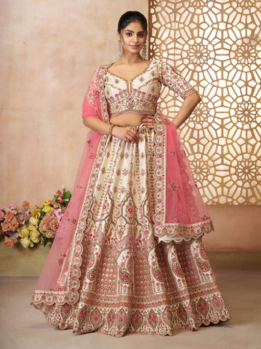 whimiscal white Imperial Patterned Embroidered Bridal Lehenga