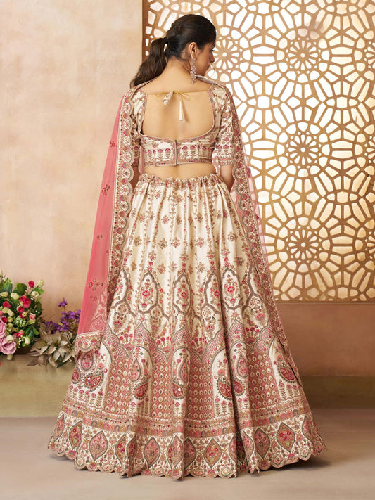 whimiscal white Imperial Patterned Embroidered Bridal Lehenga