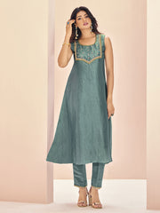 Magnetic Aqua Blue Embroidered Organza Event Wear Pant Suit