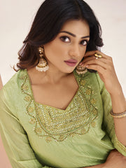 Beautiful Pista Green Embroidered Organza Readymade Pant Suit