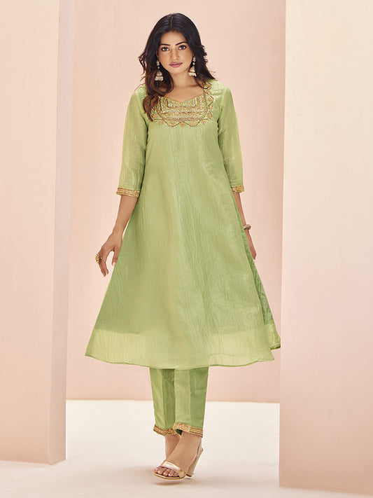 Beautiful Pista Green Embroidered Organza Readymade Pant Suit