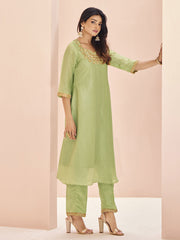 Beautiful Pista Green Embroidered Organza Readymade Pant Suit