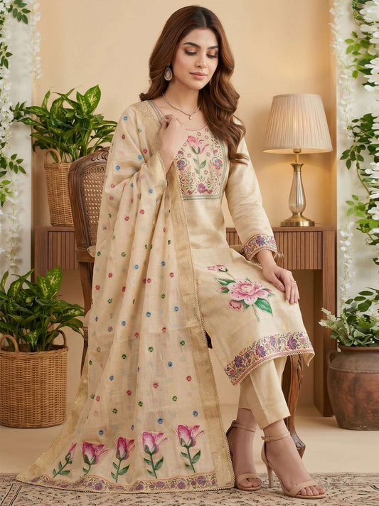 Cream Pure Banarasi Cottan Hand Work Kurta Set