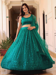 Stunning Teal Green Soft Net Sequins Monochrome Lehenga Choli