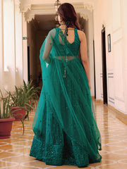 Stunning Teal Green Soft Net Sequins Monochrome Lehenga Choli