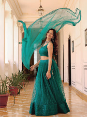 Stunning Teal Green Soft Net Sequins Monochrome Lehenga Choli