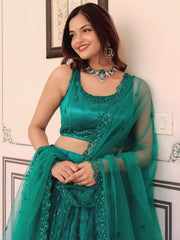 Stunning Teal Green Soft Net Sequins Monochrome Lehenga Choli