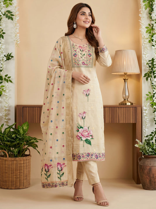 Cream Pure Banarasi Cottan Hand Work Kurta Set