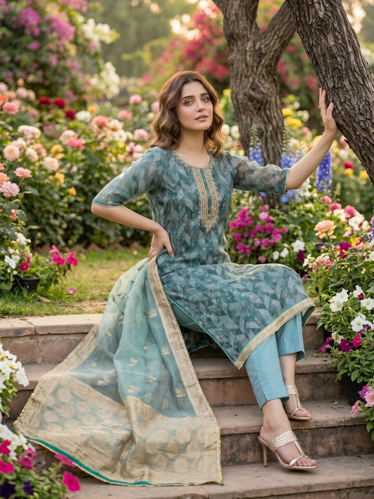 Sky Blue Banarasi Organza Hand Work Kurta Set
