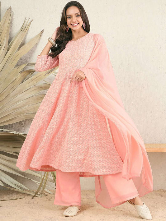 Peach Women Embroidered Regular Thread Work Kurta with Palazzos & With Dupatta