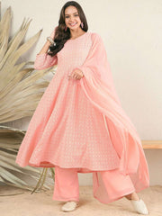 Peach Women Embroidered Regular Thread Work Kurta with Palazzos & With Dupatta