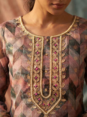 Pink Banarasi Organza Hand Work Kurta Set